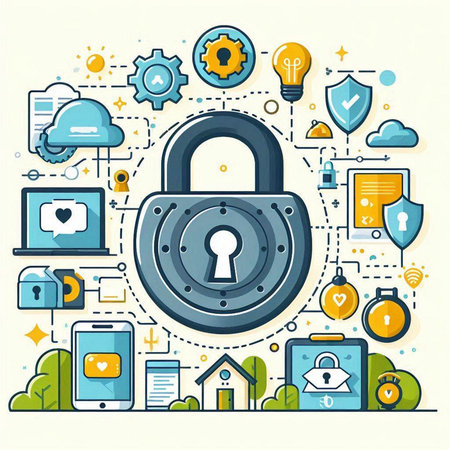 Vector illustration of internet security concept in flat line style with padlock and iconsのイラスト素材