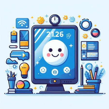Vector illustration of computer screen with smiley face and social media iconsのイラスト素材