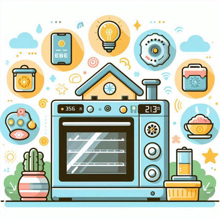 Vector illustration of a modern electric oven with various icons in the backgroundのイラスト素材