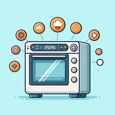 Illustration of a modern electric oven with various icons on a blue backgroundのイラスト素材