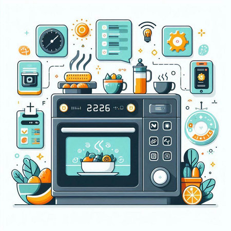 Vector illustration of microwave oven with food and kitchen utensils.のイラスト素材