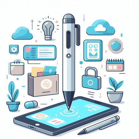 Smartphone with modern flat design vector illustration. Smartphone with pen, tablet and cloud computing icons.のイラスト素材