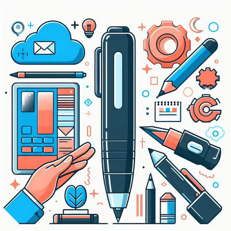 Vector line art illustration of hand with pen, mobile phone, calculator, pencil, envelope, gear. Design elements for website, infographic, poster, banner, print.のイラスト素材