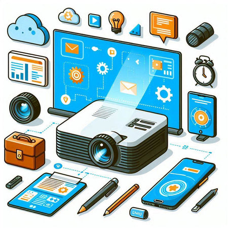 Vector isometric illustration of a laptop, tablet, mobile phone, camera, notebook, pen, and other equipment.のイラスト素材