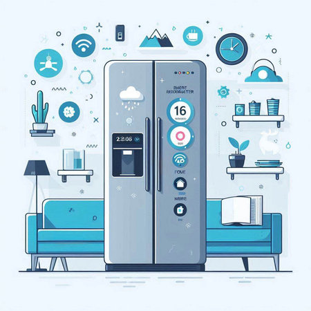 Modern fridge in the living room with different icons. Vector illustration.のイラスト素材