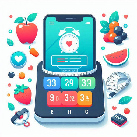 Healthy lifestyle concept. Smartphone with healthy food and fitness tracker. Vector illustrationのイラスト素材