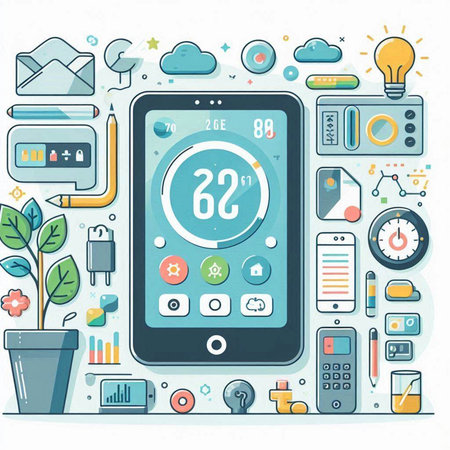 Smartphone with different icons on the screen. Flat design vector illustration.のイラスト素材