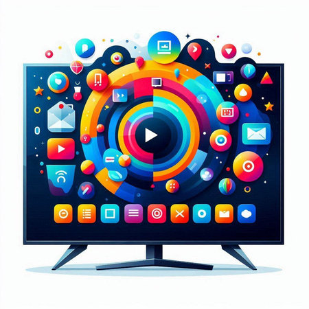 Vector illustration of computer monitor with colorful media icons on white background.のイラスト素材