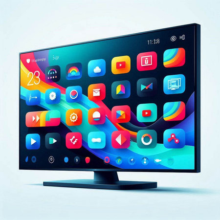 Modern monitor with colorful application icons on the screen. Vector illustration.のイラスト素材