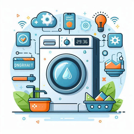 Laundry service concept. Washing machine, washing powder, water drops and other equipment. Vector illustrationのイラスト素材