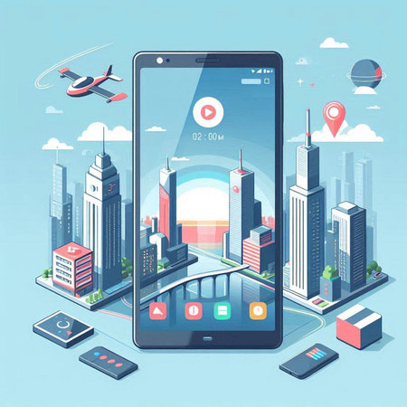 Mobile phone with smart city on the screen. 3d vector illustrationのイラスト素材