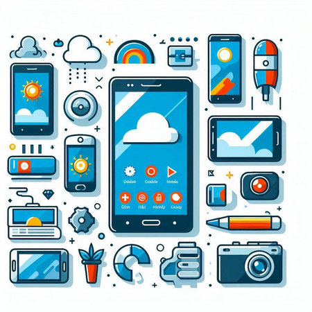 Mobile phone and cloud computing icons set. Vector illustration in flat styleのイラスト素材