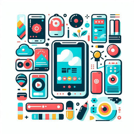 Smartphone with cloud computing and multimedia icons. Vector illustration in flat styleのイラスト素材