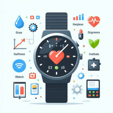 Smart watch with heart and icons on white background. Vector illustration.のイラスト素材