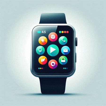 Smartwatch with colorful application icons on the screen. Vector illustration.のイラスト素材