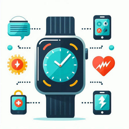 Smartwatch with different icons on white background. Flat style vector illustration.のイラスト素材