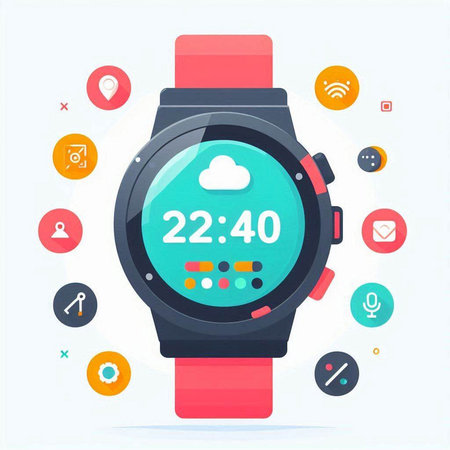 Smart watch with icons on the screen. Vector illustration in flat styleのイラスト素材
