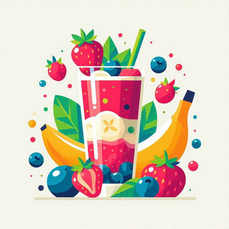 Fruit smoothie in a glass with strawberries, blueberries and bananas. Vector illustration.のイラスト素材