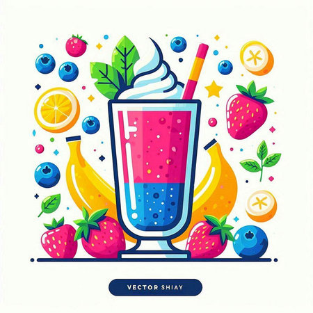 Fruit smoothie in glass with whipped cream, banana, strawberry, blueberry, mint, orange. Vector illustration.のイラスト素材