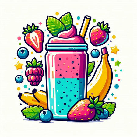 Fruit smoothie with strawberry, blueberry, banana, strawberry and mint. Vector illustration.のイラスト素材