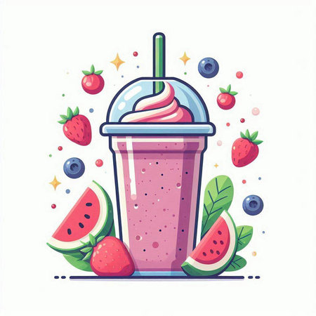 Strawberry smoothie in a plastic cup. Vector illustration.のイラスト素材