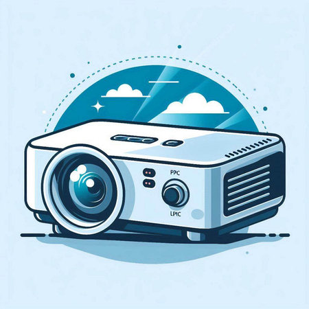 Vector illustration of modern digital video projector on blue background with clouds.のイラスト素材