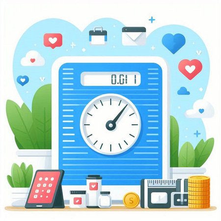 Time is money concept. Vector illustration in flat style. Clock on the scales. Time is money.のイラスト素材