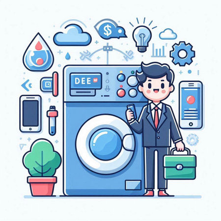 Businessman and washing machine. Vector illustration in a flat style.のイラスト素材
