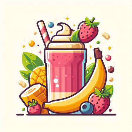 Fruit smoothie or milkshake with banana, strawberry, blueberry, strawberry, pineapple and ice cream. Vector illustration in flat styleのイラスト素材