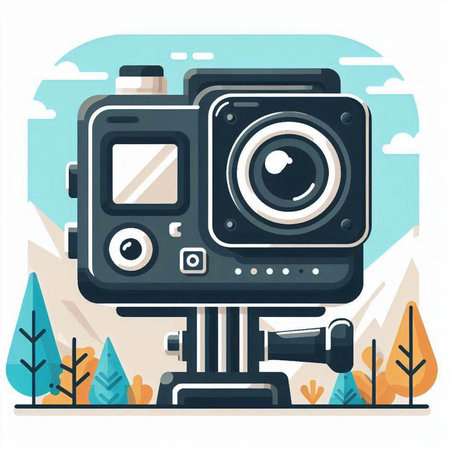Vintage camera on the background of nature. Vector illustration in flat style.のイラスト素材