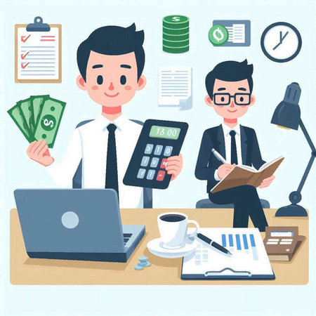 Businessman working in office with laptop, calculator and money. Vector illustration.のイラスト素材