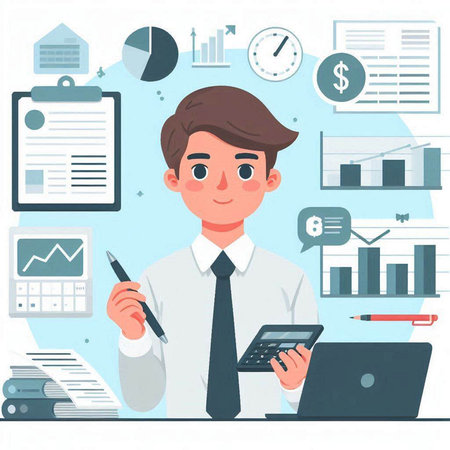 Businessman working at the office. Vector illustration in flat style.のイラスト素材