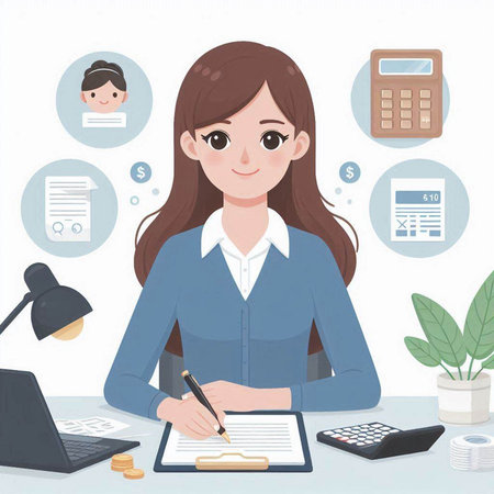 Businesswoman working in office. Vector illustration in a flat style.のイラスト素材