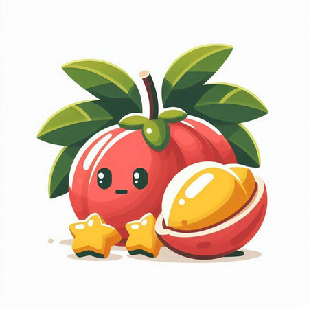 Cute mangosteen fruit character with star rating. Vector illustrationのイラスト素材