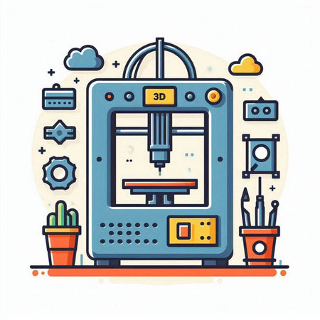 3d printer in flat line style. Modern vector illustration on white background.のイラスト素材