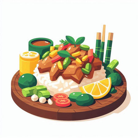 Japanese food. Fried rice with chopsticks and vegetables. Vector illustrationのイラスト素材