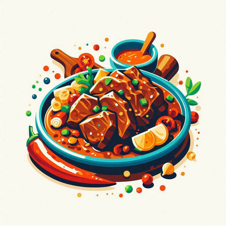 Beef stewed in a pan with spices and herbs. Vector illustration.のイラスト素材