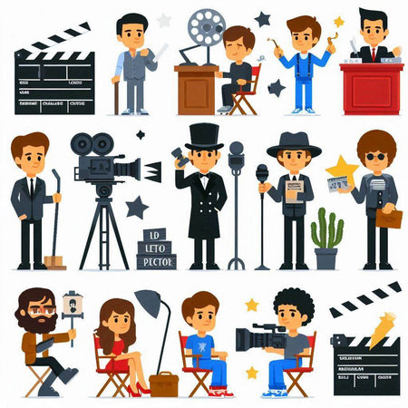 Cinema set with actors, cameraman, cameraman, director, director, director, cameraman, director, director, director, producer, producer. Vector illustration.のイラスト素材