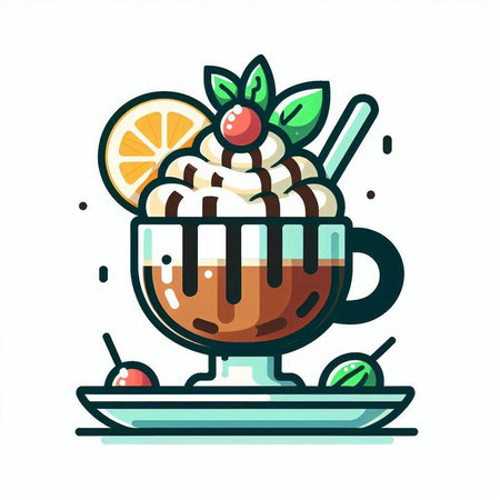 Cup of hot chocolate with whipped cream, cherry and mint. Vector illustration.のイラスト素材