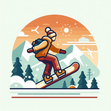 Snowboarder in the mountains. Vector illustration in flat style.のイラスト素材