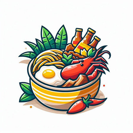 Illustration of a bowl of shrimp soup with fried egg and vegetablesのイラスト素材