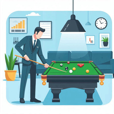 Businessman playing billiards in the room. Vector illustration.のイラスト素材