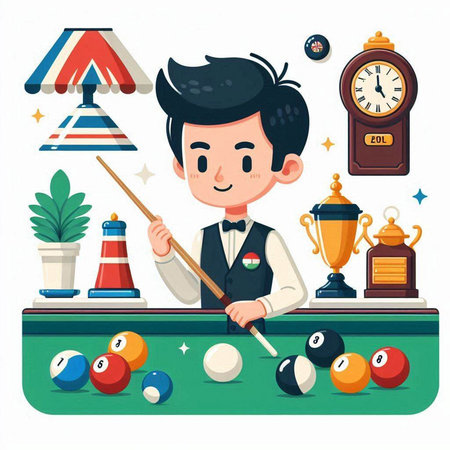 Cartoon billiards player with a cue and balls. Vector illustrationのイラスト素材