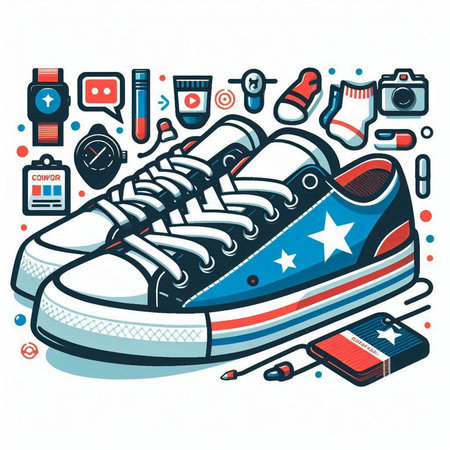 Sneakers and Icons. Vector illustration in thin line styleのイラスト素材