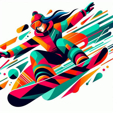 Vector illustration of a snowboarder in a jump on a colorful background.のイラスト素材