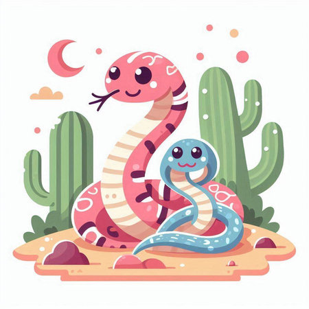 Cute cartoon snake and cactus. Vector illustration in flat styleのイラスト素材