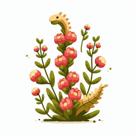 Cute cartoon dinosaur with flowers isolated on white background. Vector illustration.のイラスト素材