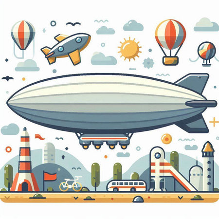 Vector illustration of airship in flat design style with clouds and cityscape.のイラスト素材