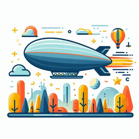 Airship in the city. Vector illustration in flat design style.のイラスト素材