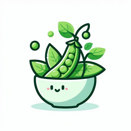 Cute peas in a bowl with green leaves. Vector illustration.のイラスト素材